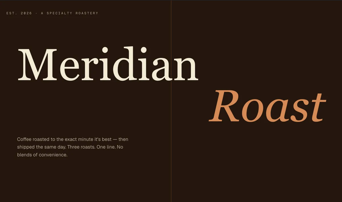 Meridian Roast demo: editorial coffee-brand campaign page