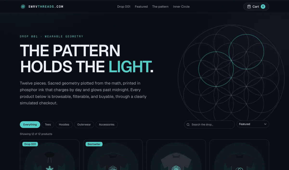 SWRVthreads.com demo: dark storefront with sacred-geometry apparel