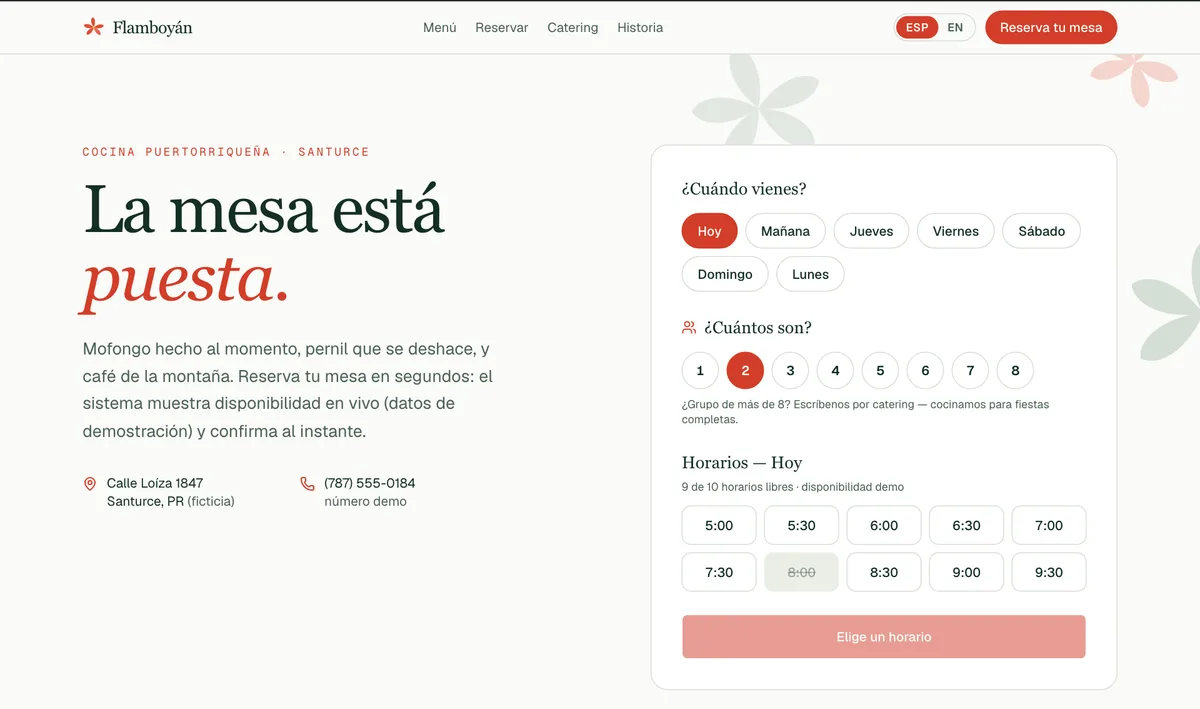 Flamboyán demo: white restaurant site with table-booking widget