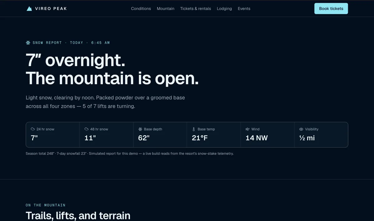 Vireo Peak demo: dark resort site with snow report and trail status