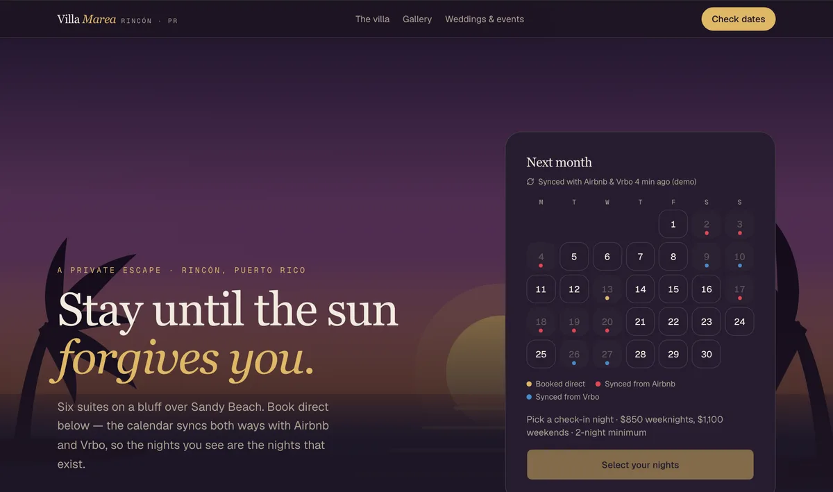 Villa Marea demo: dusk villa site with channel-synced booking calendar